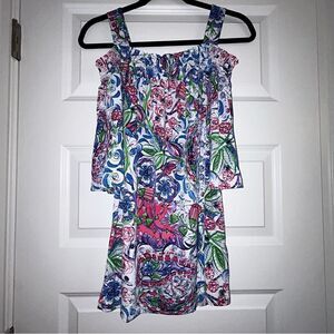 Susan Graver Off Shoulder Whimsical Abstract Floral Print Tunic Top